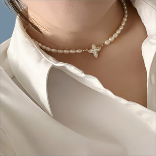 Cross Flower Necklace with 5A Freshwater Pearls